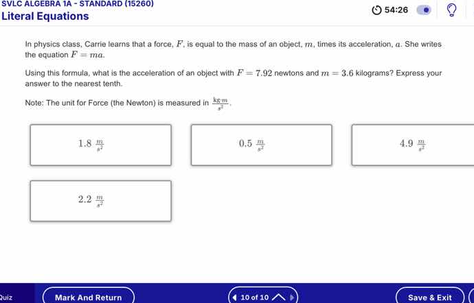 svlc algebra 1a - standard (15260) literal equations in physics class, …