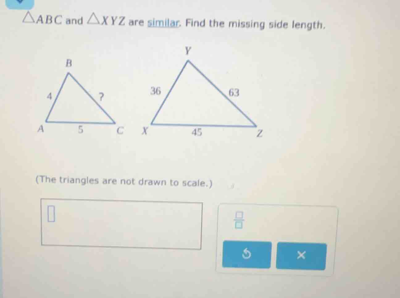 △abc and △xyz are similar. find the missing side length. (the triangles…