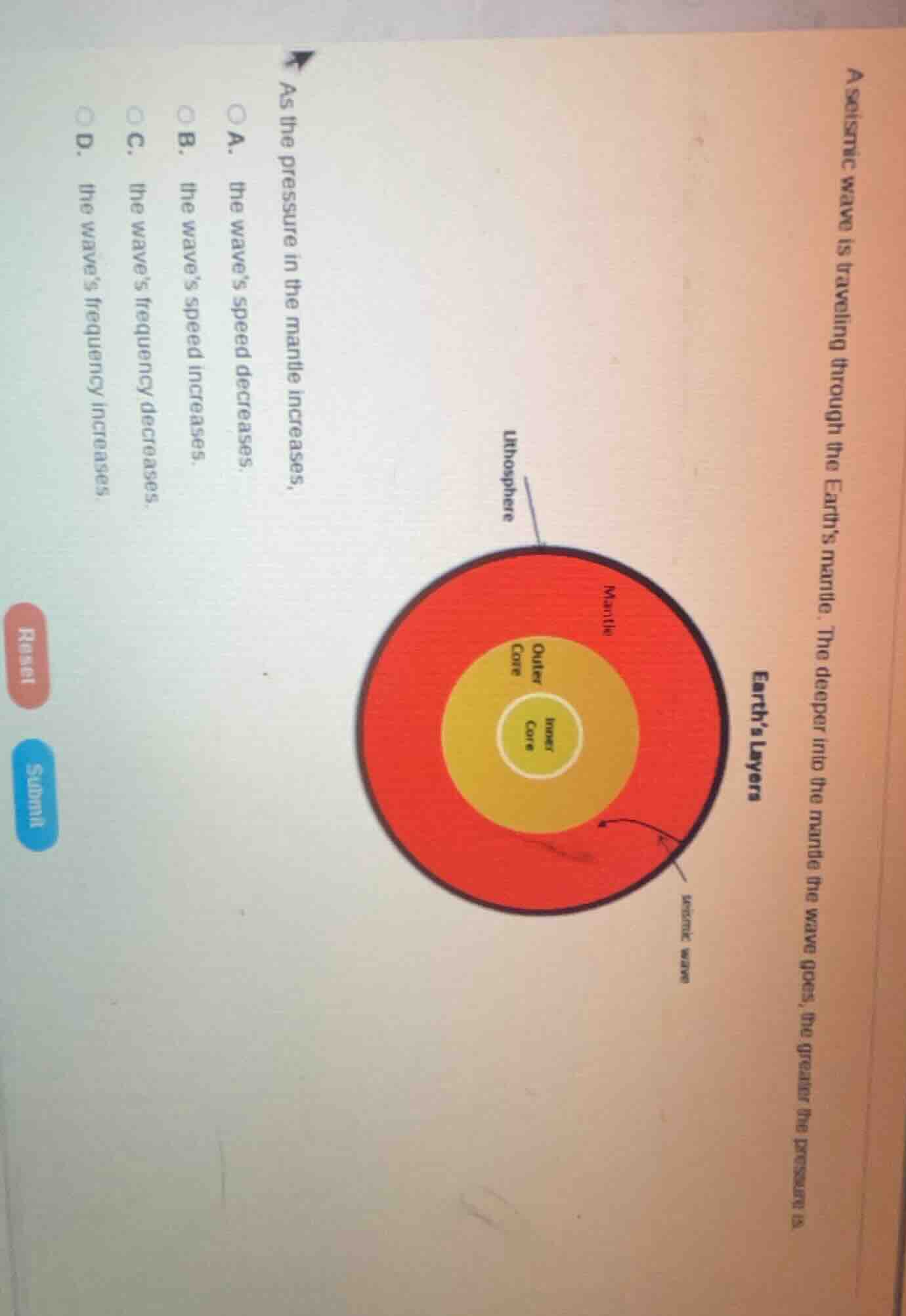 a seismic wave is traveling through the earth’s mantle. the deeper into…