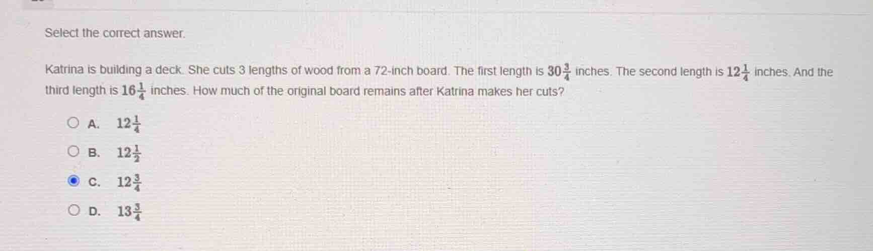 select the correct answer. katrina is building a deck. she cuts 3 lengt…
