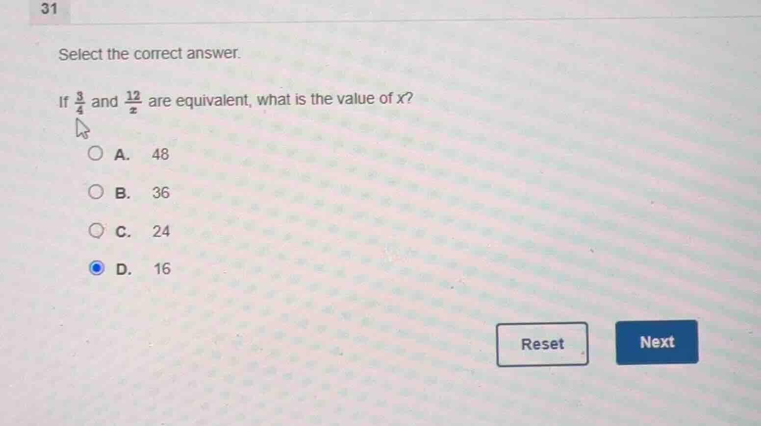 select the correct answer. if \\(\\frac{3}{4}\\) and \\(\\frac{12}{x}\\…