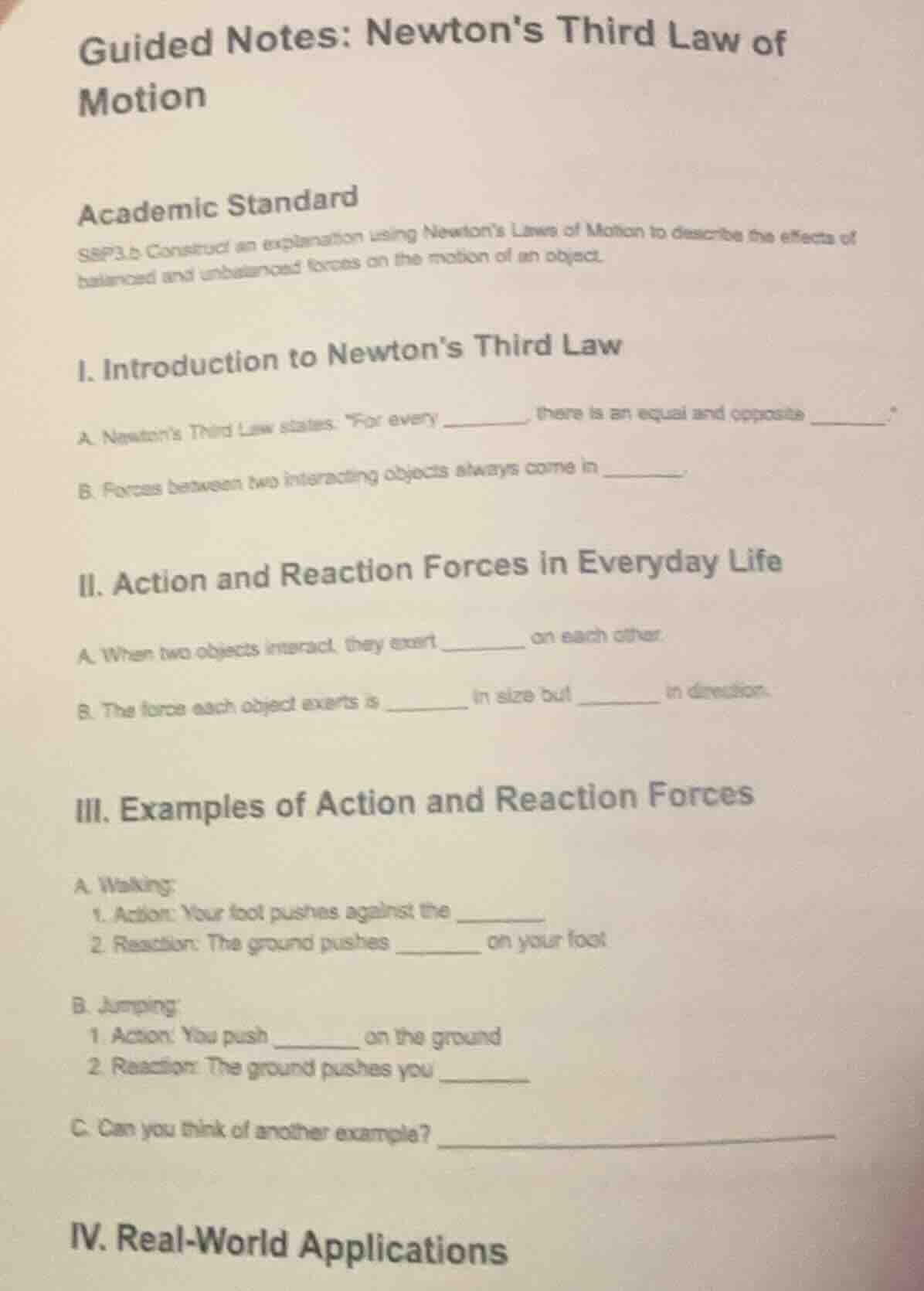 guided notes: newtons third law of motion academic standard s8p3.b cons…