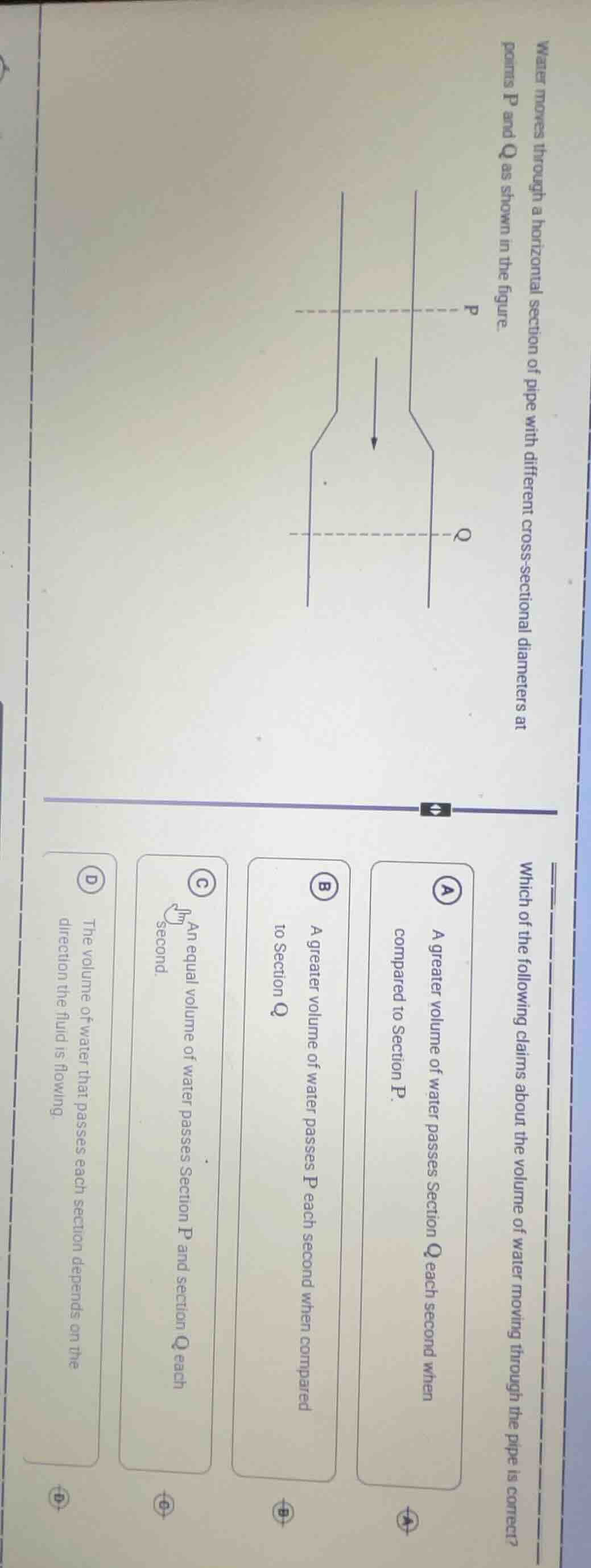 water moves through a horizontal section of pipe with different cross -…