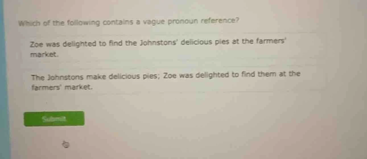 which of the following contains a vague pronoun reference? zoe was deli…