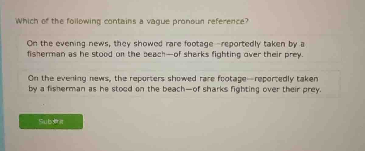 which of the following contains a vague pronoun reference? on the eveni…