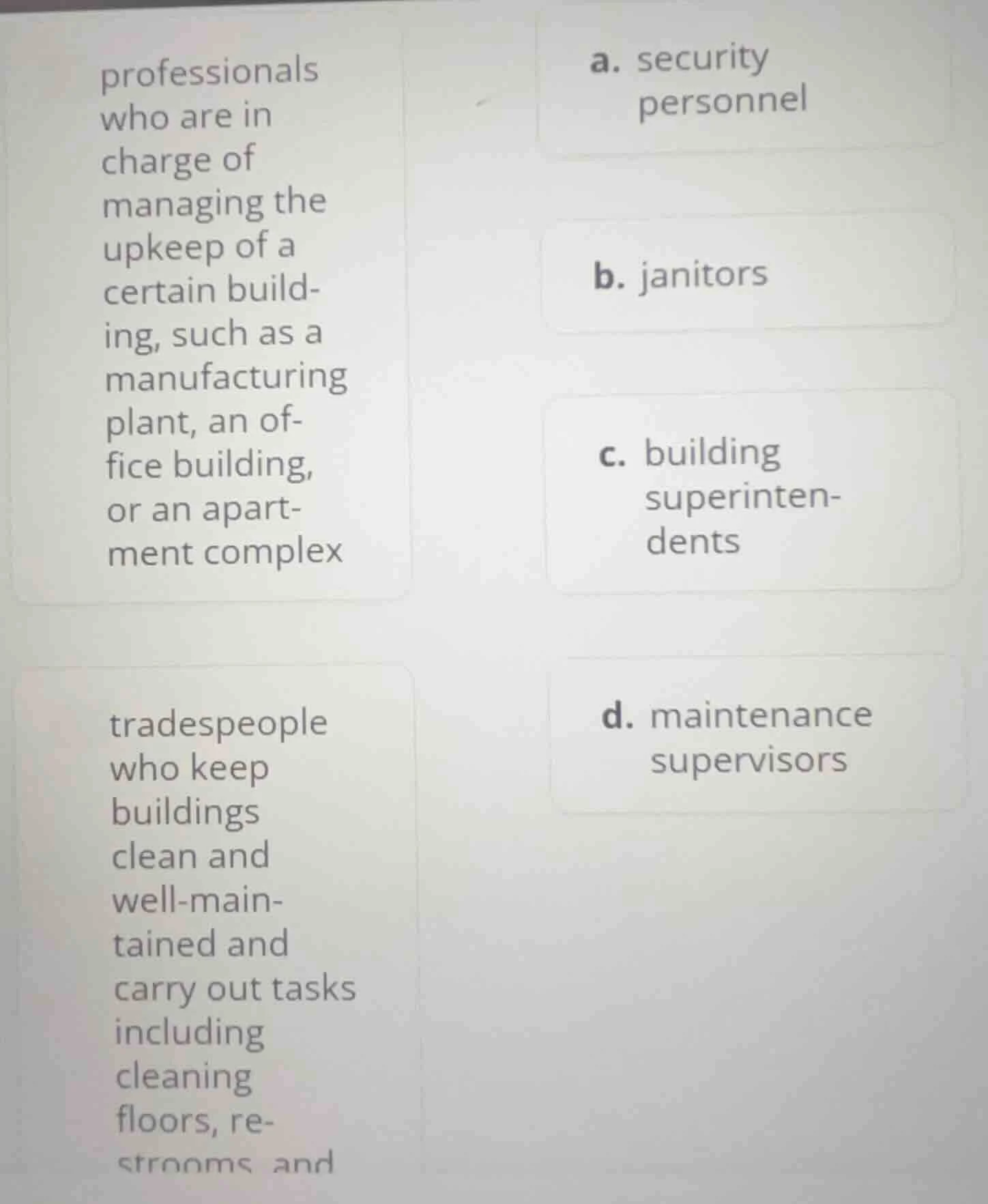 professionals who are in charge of managing the upkeep of a certain bui…