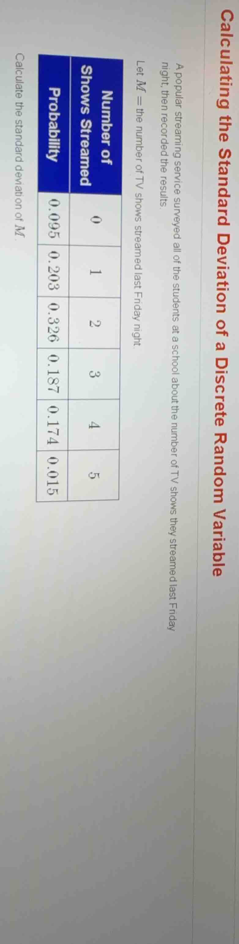 calculating the standard deviation of a discrete random variable a popu…