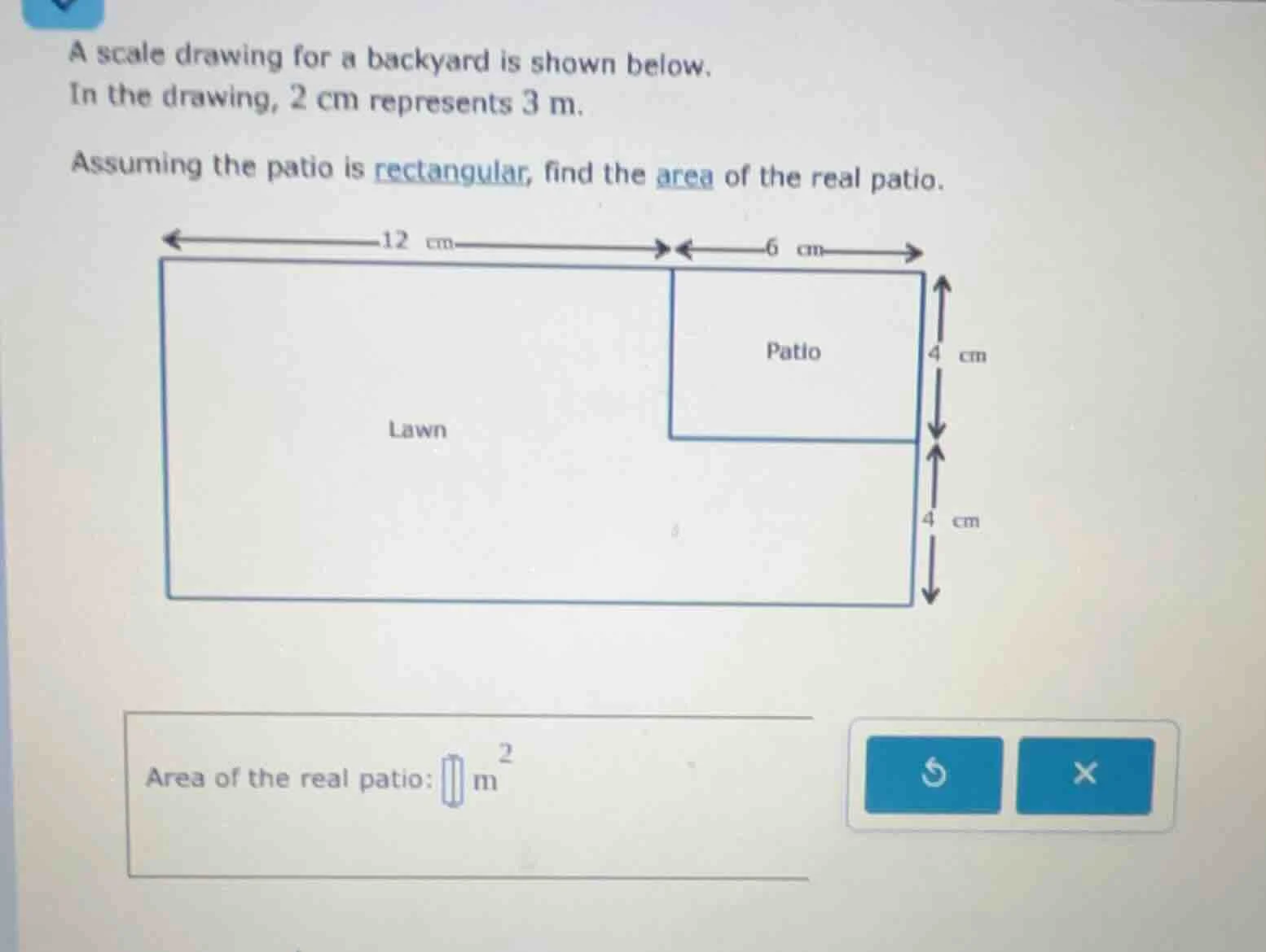 a scale drawing for a backyard is shown below. in the drawing, 2 cm rep…