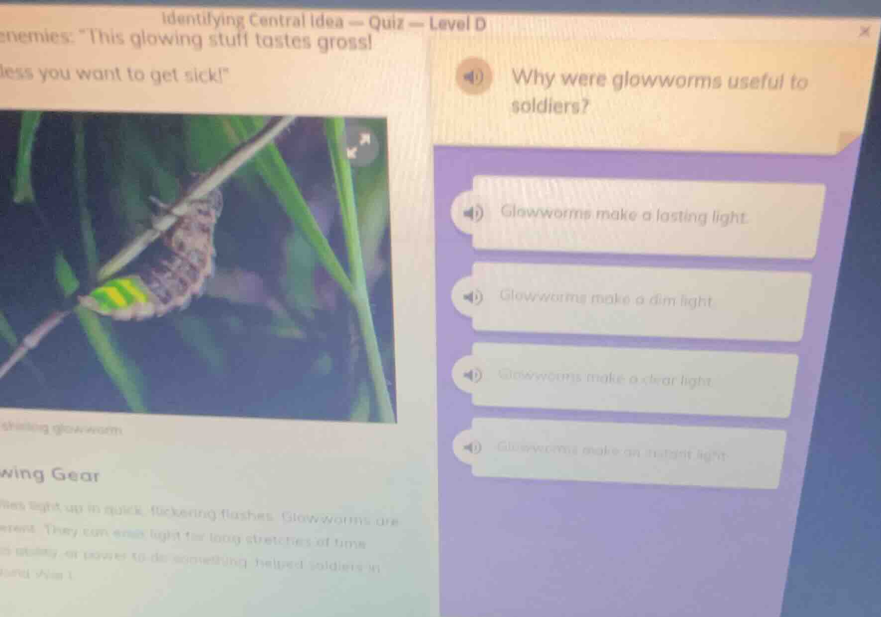 identifying central idea — quiz — level d enemies: \this glowing stuff …
