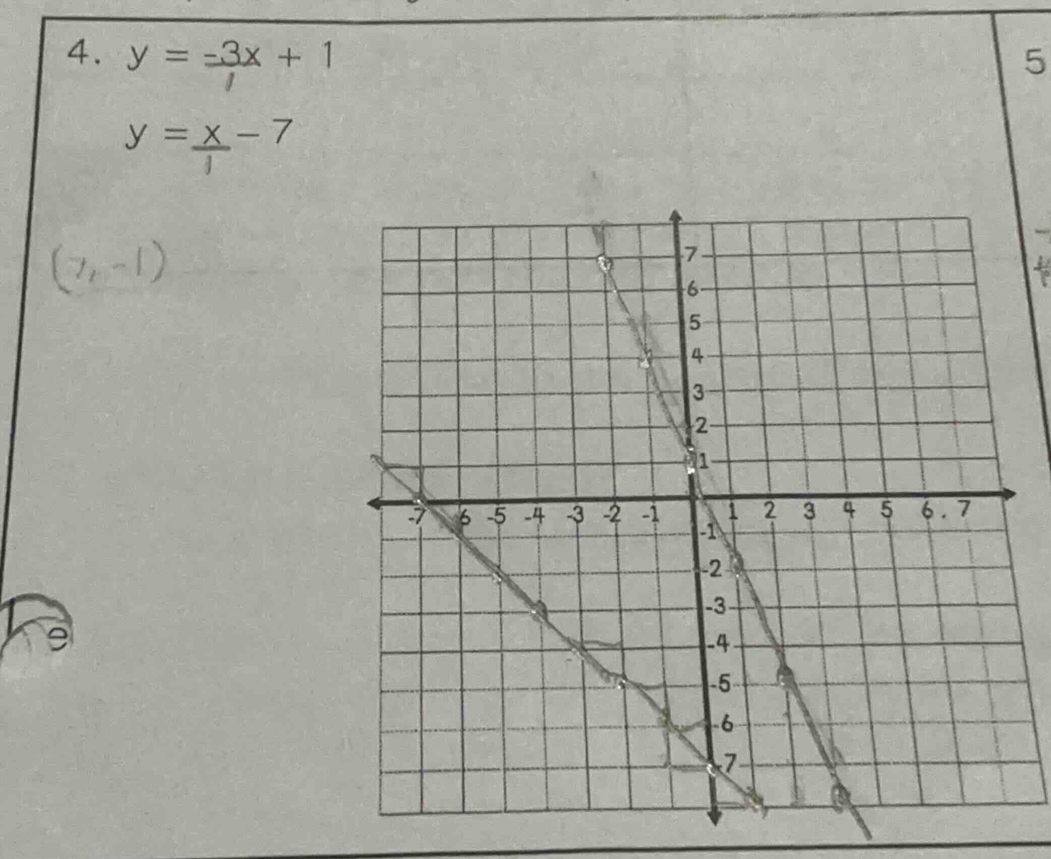 4. $y = -3x + 1$ $y = x - 7$ (2,-1)