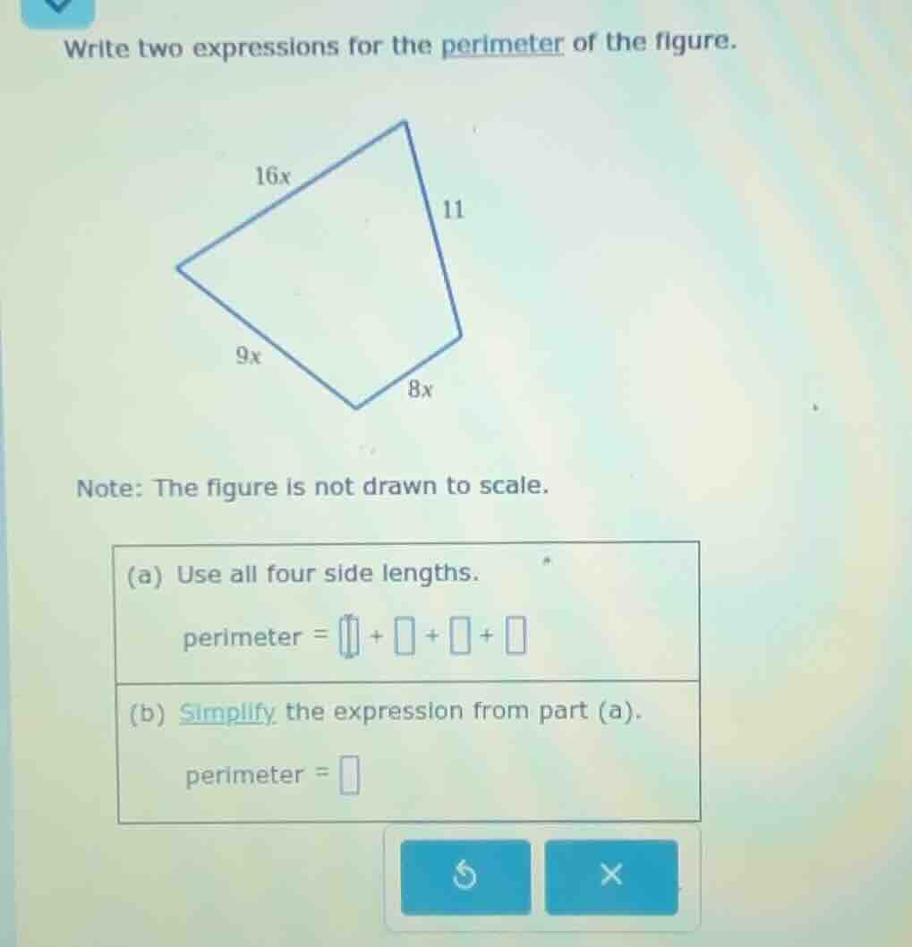 write two expressions for the perimeter of the figure. 16x 11 9x 8x not…