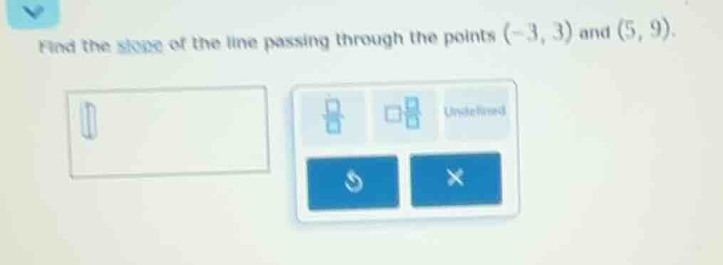 find the slope of the line passing through the points (-3, 3) and (5, 9…