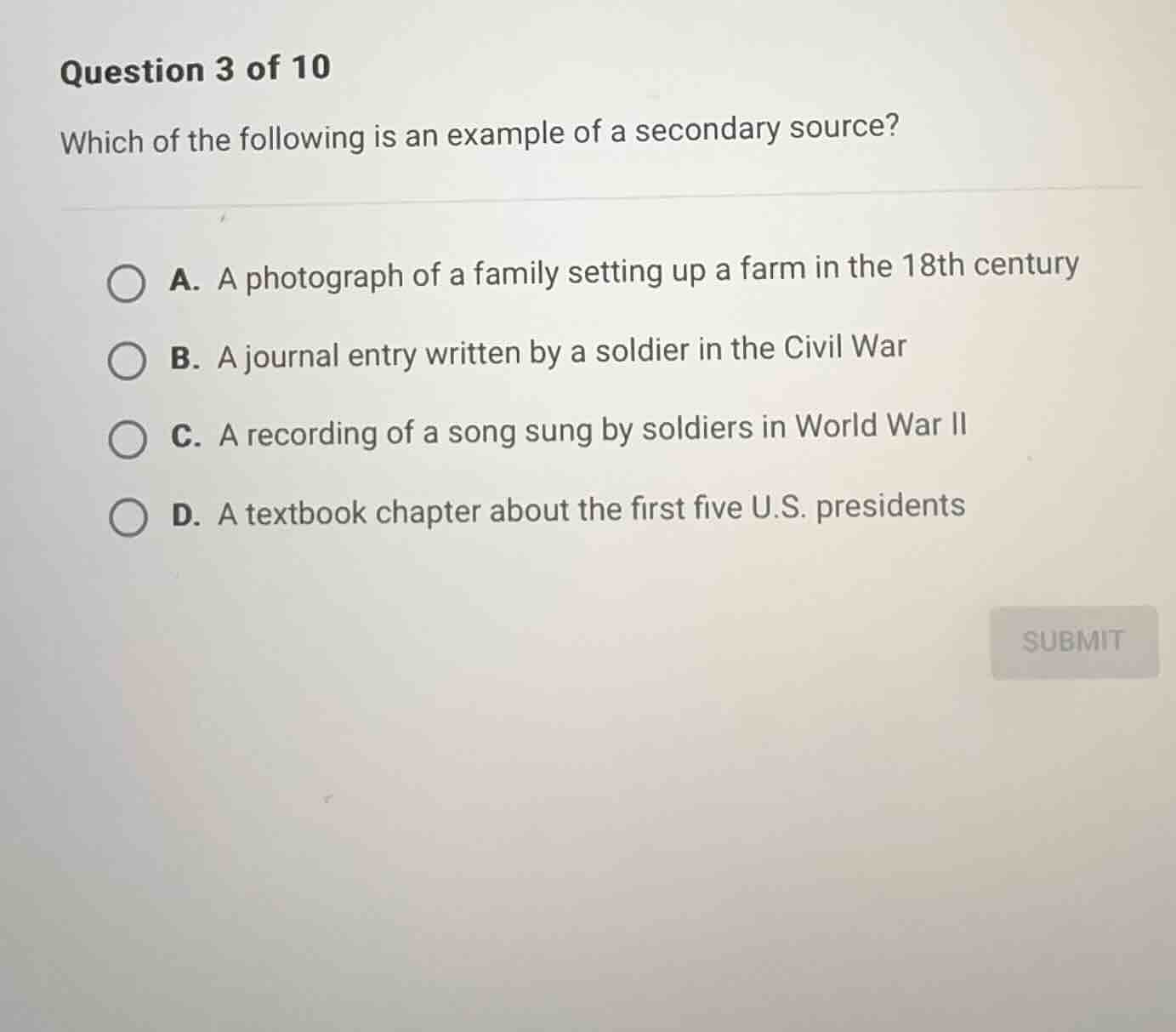 question 3 of 10 which of the following is an example of a secondary so…