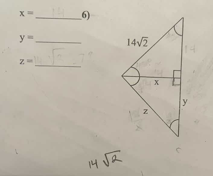 x = ______6) y = ______ z = ______ (and a right triangle with hypotenus…