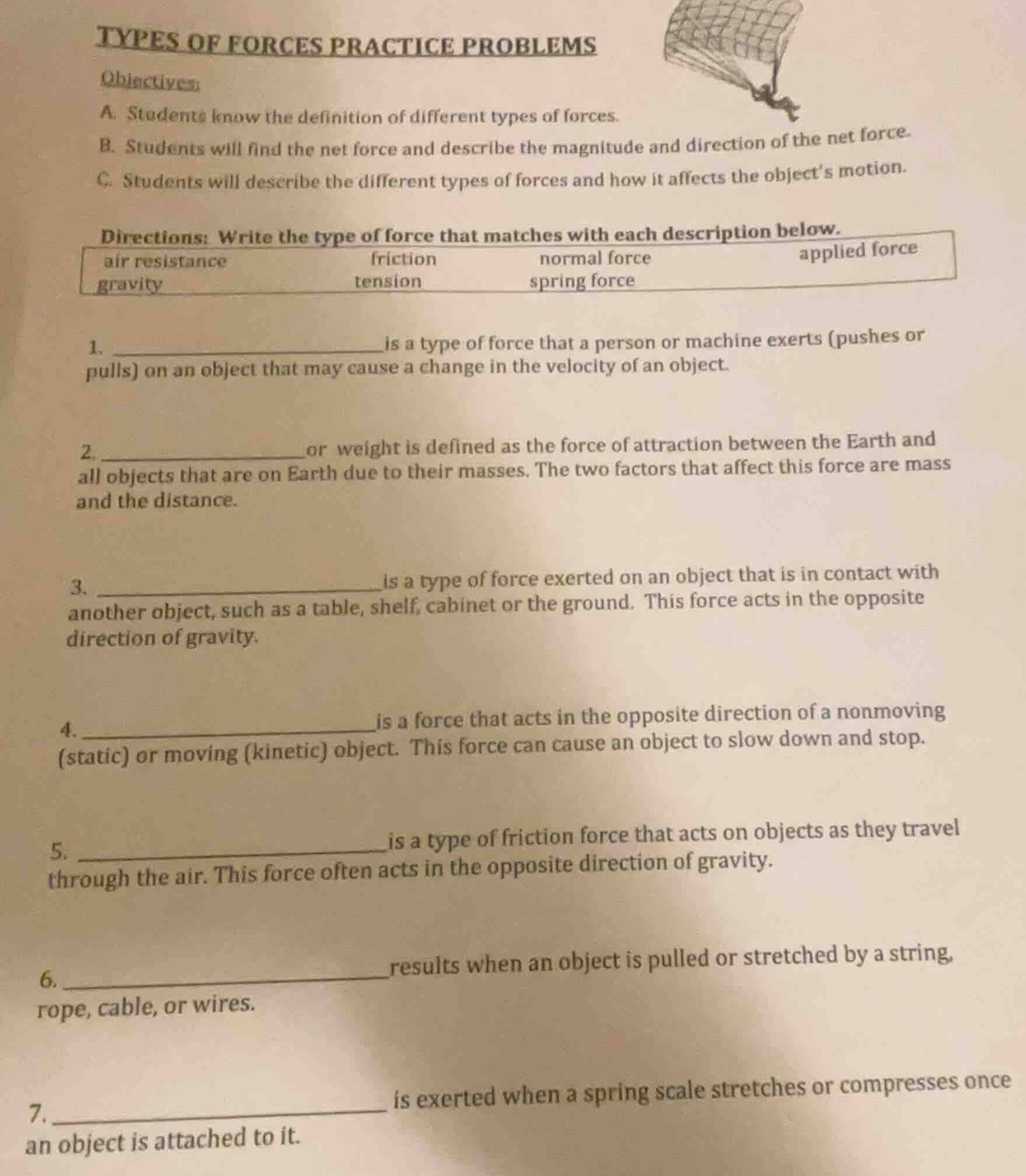types of forces practice problems objectives: a. students know the defi…