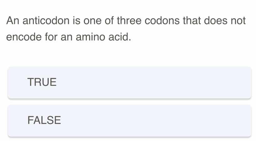 an anticodon is one of three codons that does not encode for an amino a…
