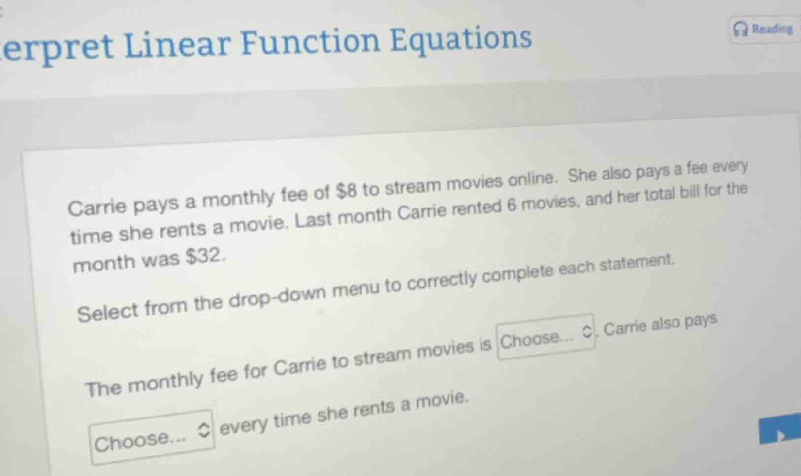 interpret linear function equations carrie pays a monthly fee of $8 to …