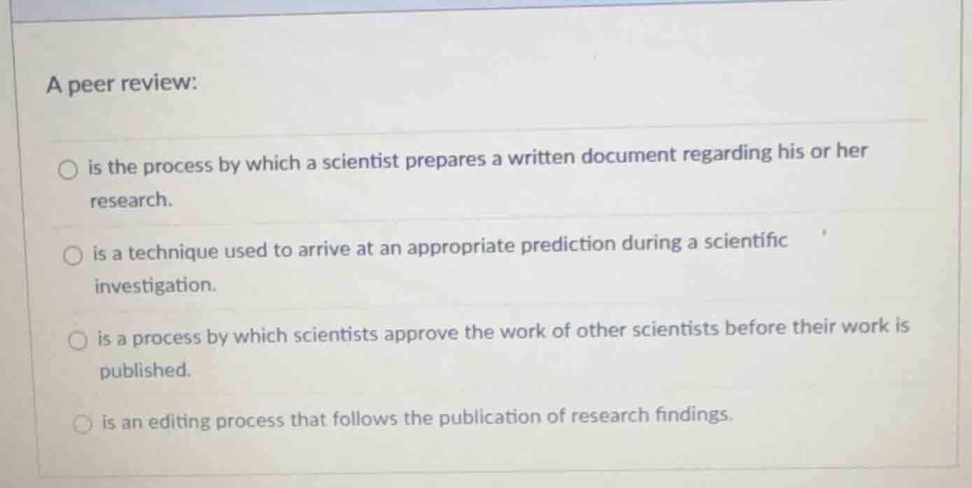 a peer review: ○ is the process by which a scientist prepares a written…