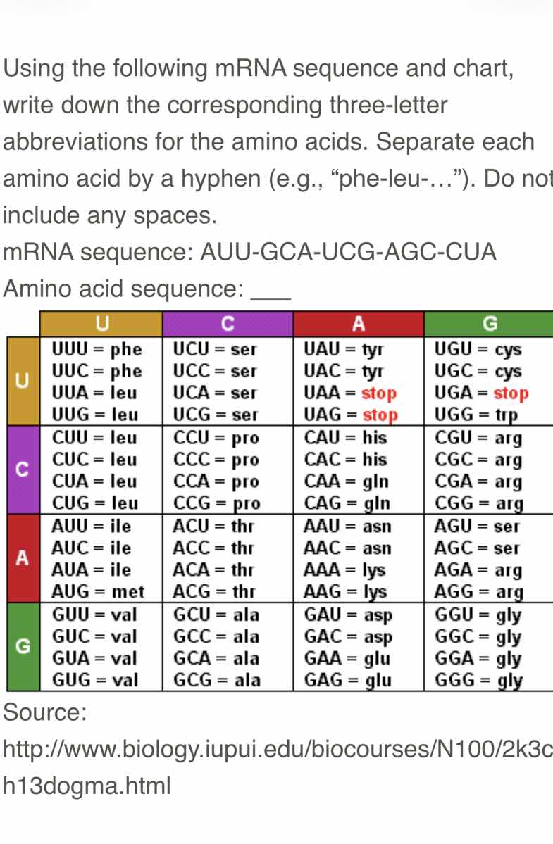 using the following mrna sequence and chart, write down the correspondi…