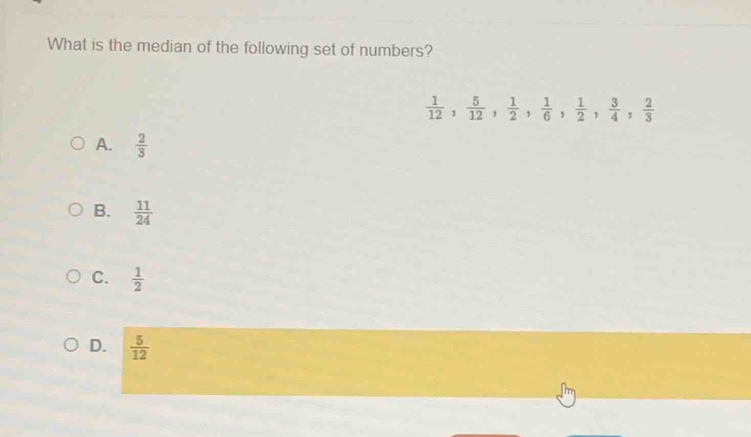 what is the median of the following set of numbers? \\(\frac{1}{12}\\),…
