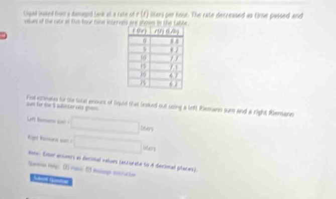 liquid leaked from a damaged tank at a rate of ( r(t) ) liters per hour…