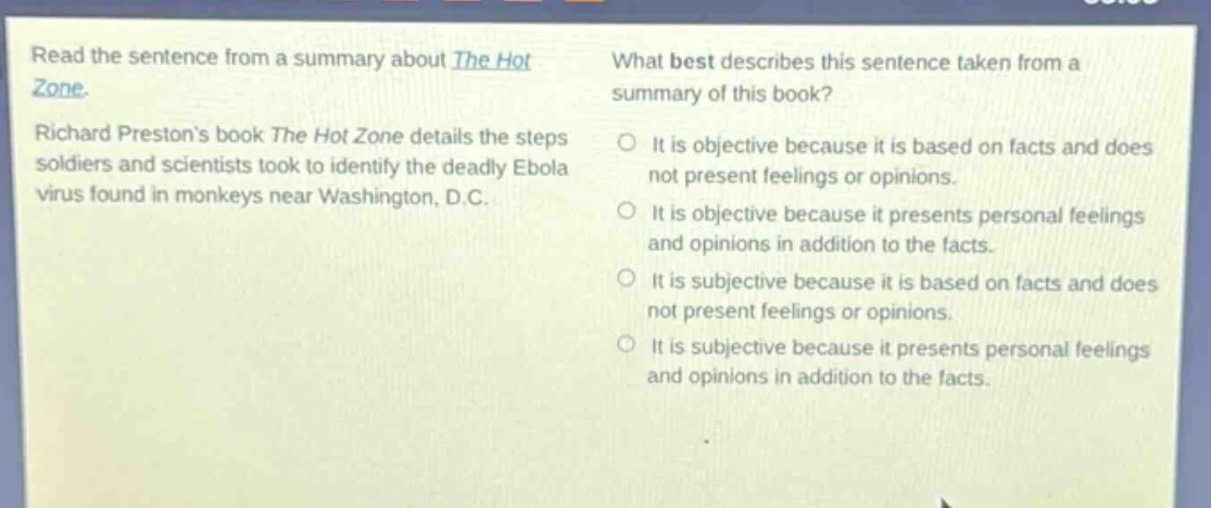 read the sentence from a summary about the hot zone. richard prestons b…