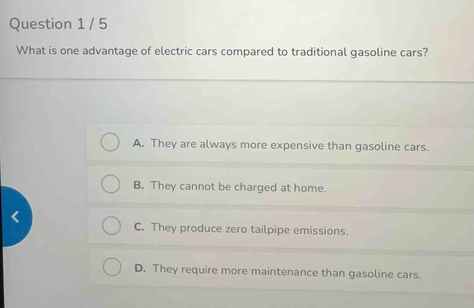 question 1 / 5 what is one advantage of electric cars compared to tradi…