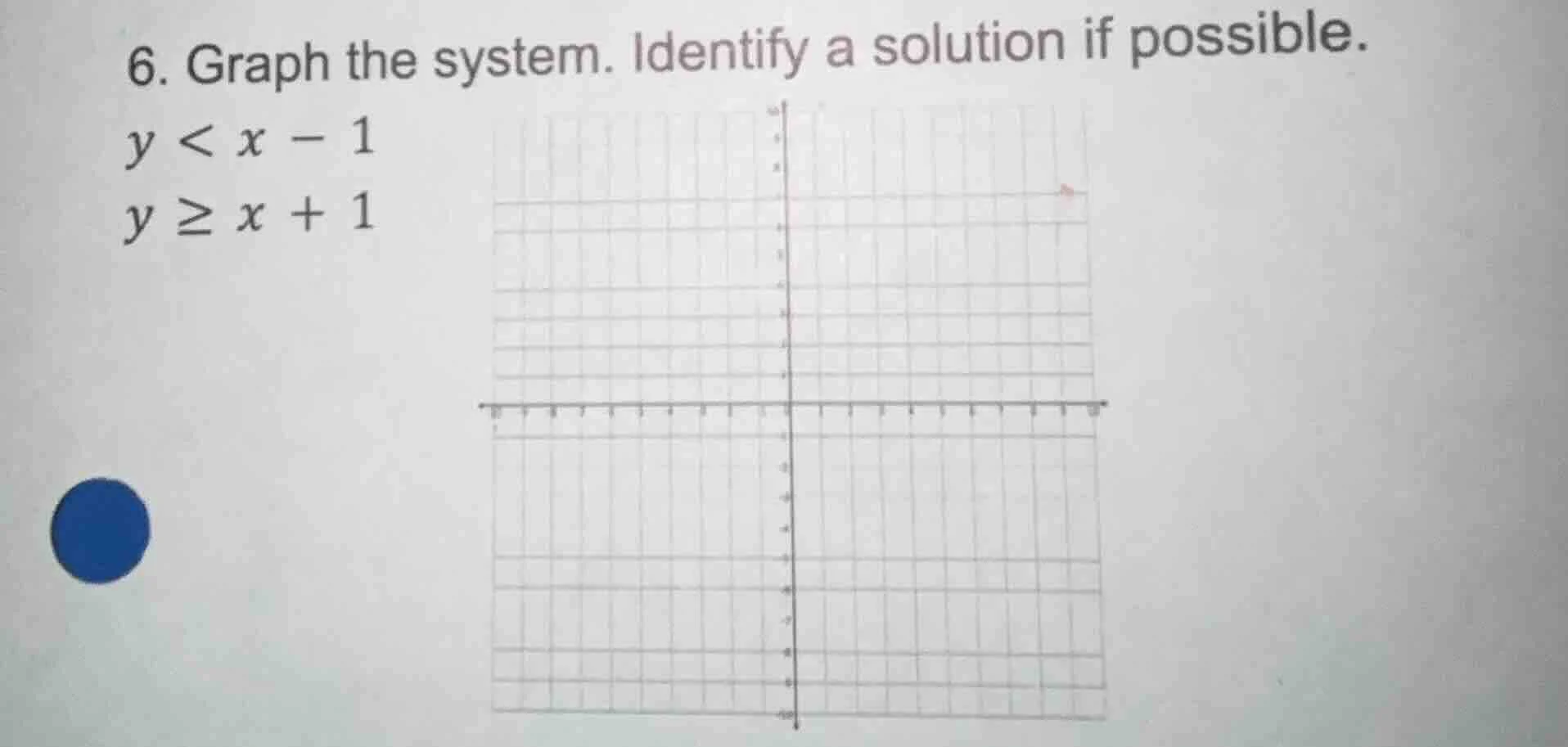 6. graph the system. identify a solution if possible. y < x - 1 y ≥ x +…