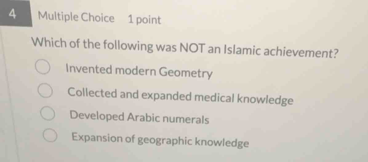 4 multiple choice 1 point which of the following was not an islamic ach…