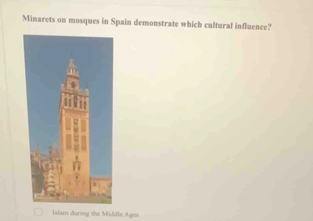 minarets on mosques in spain demonstrate which cultural influence? isla…
