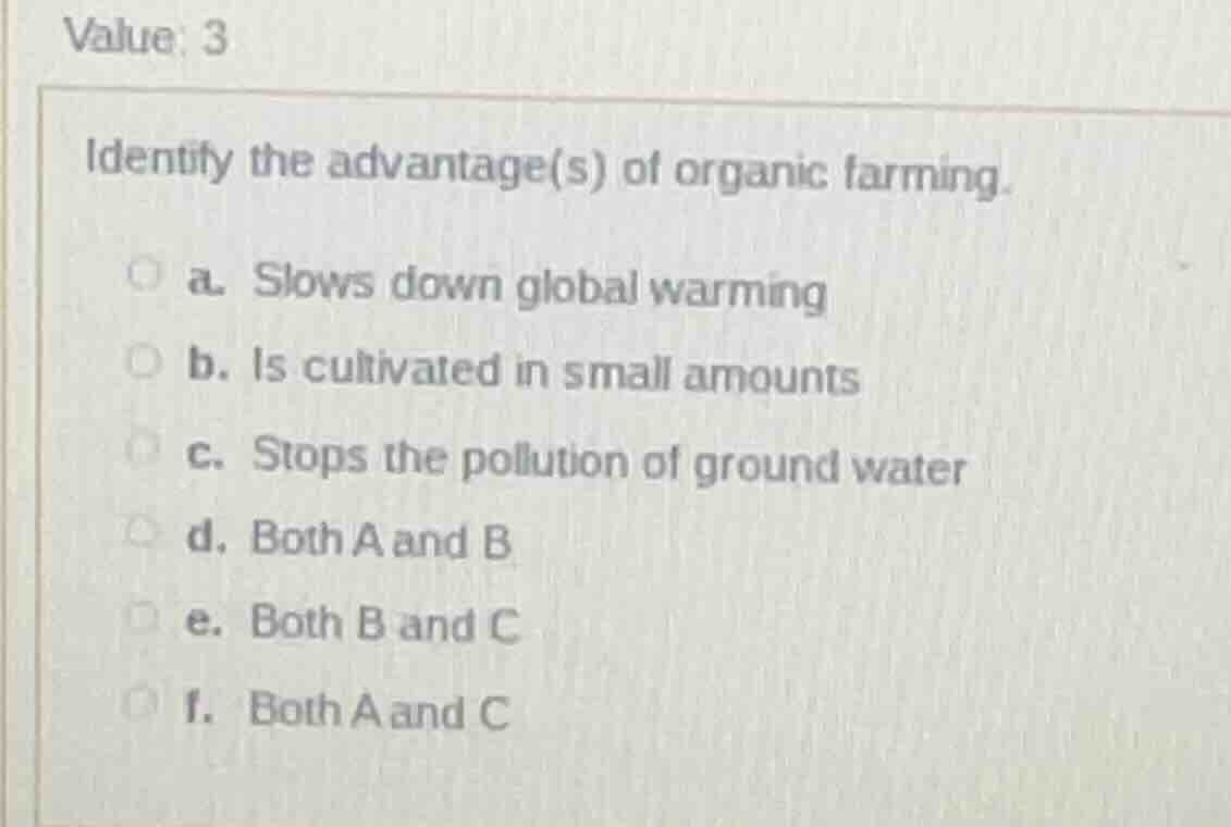 value: 3 identify the advantage(s) of organic farming. a. slows down gl…