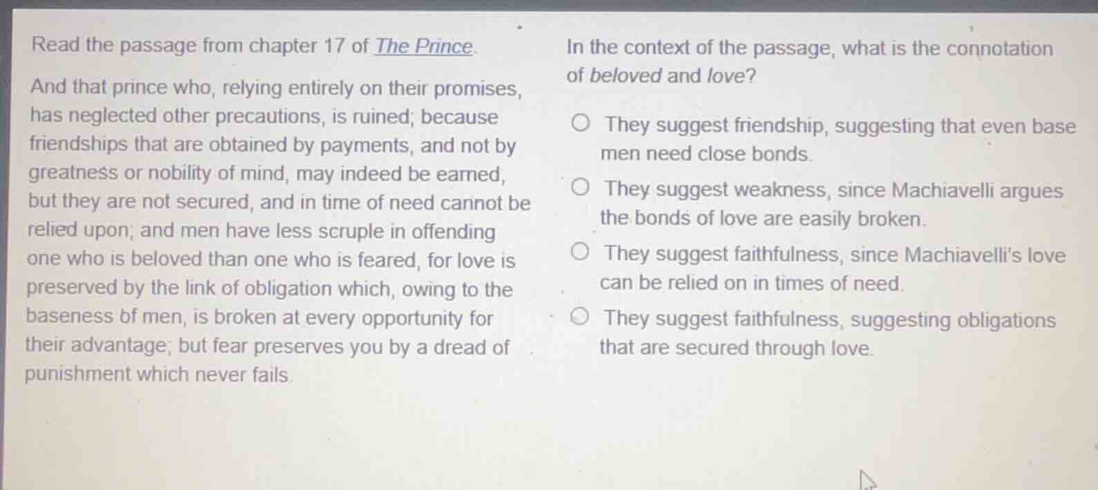 read the passage from chapter 17 of the prince. and that prince who, re…