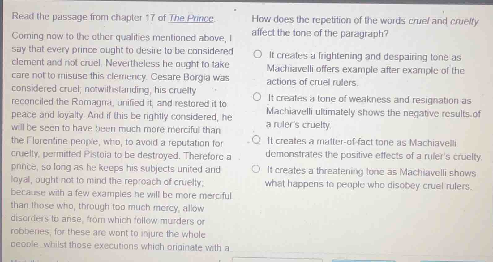 read the passage from chapter 17 of the prince. coming now to the other…