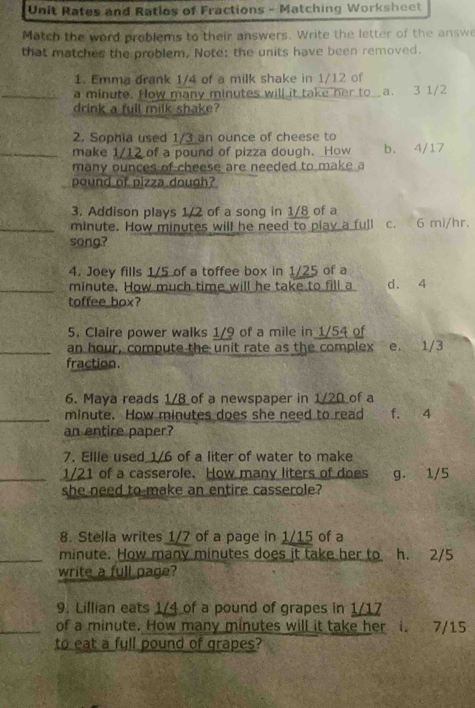 unit rates and ratios of fractions - matching worksheet match the word …