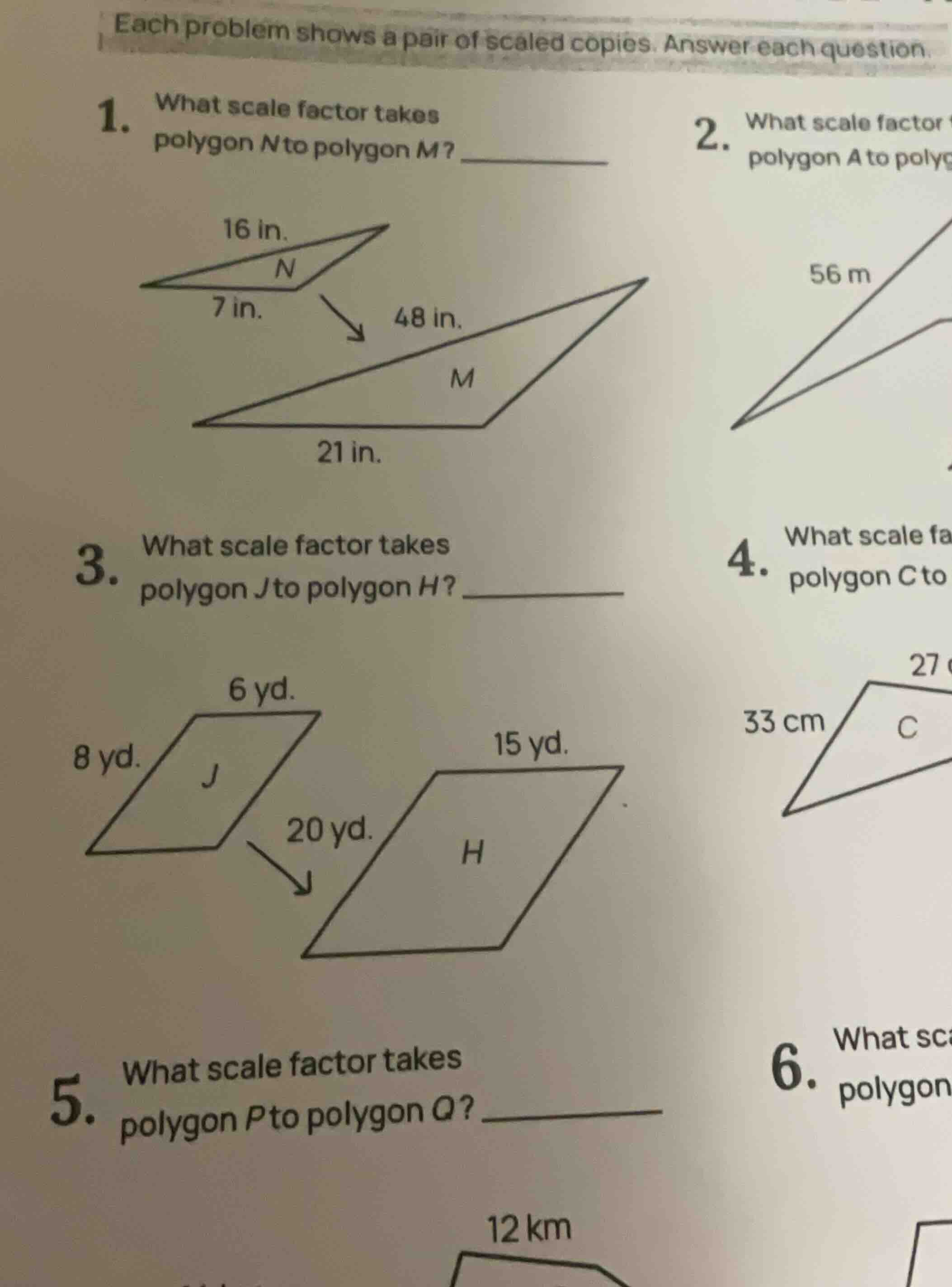 each problem shows a pair of scaled copies. answer each question. 1. wh…
