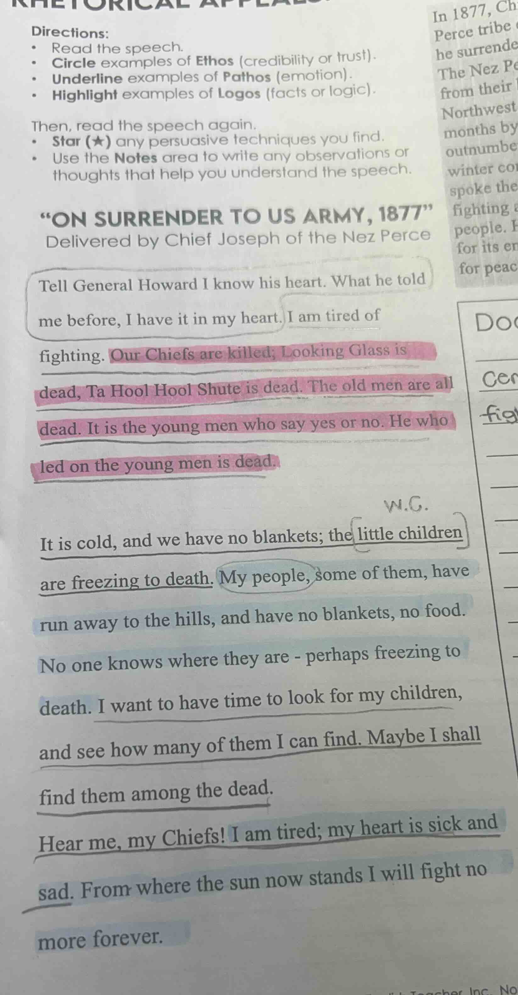 directions: - read the speech. - circle examples of ethos (credibility …