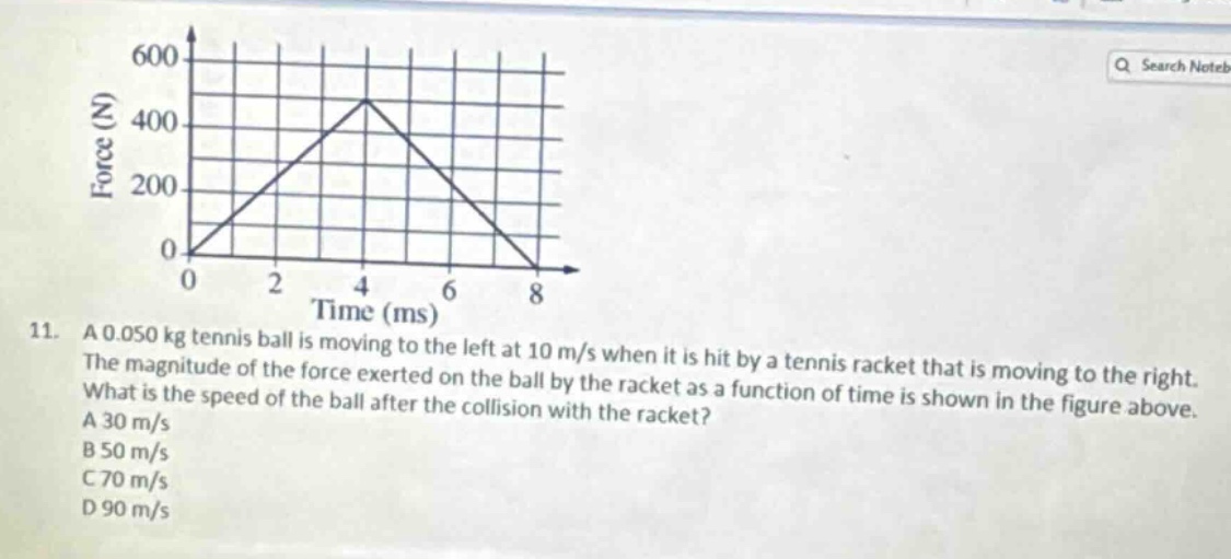 11. a 0.050 kg tennis ball is moving to the left at 10 m/s when it is h…