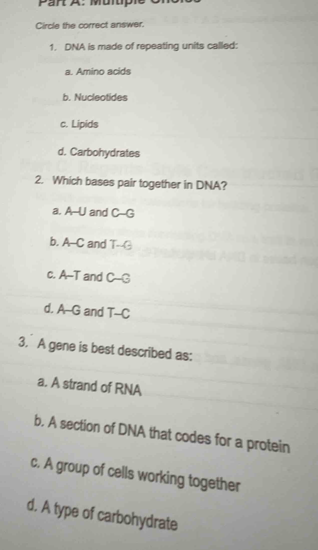 part a: multiple choice circle the correct answer. 1. dna is made of re…