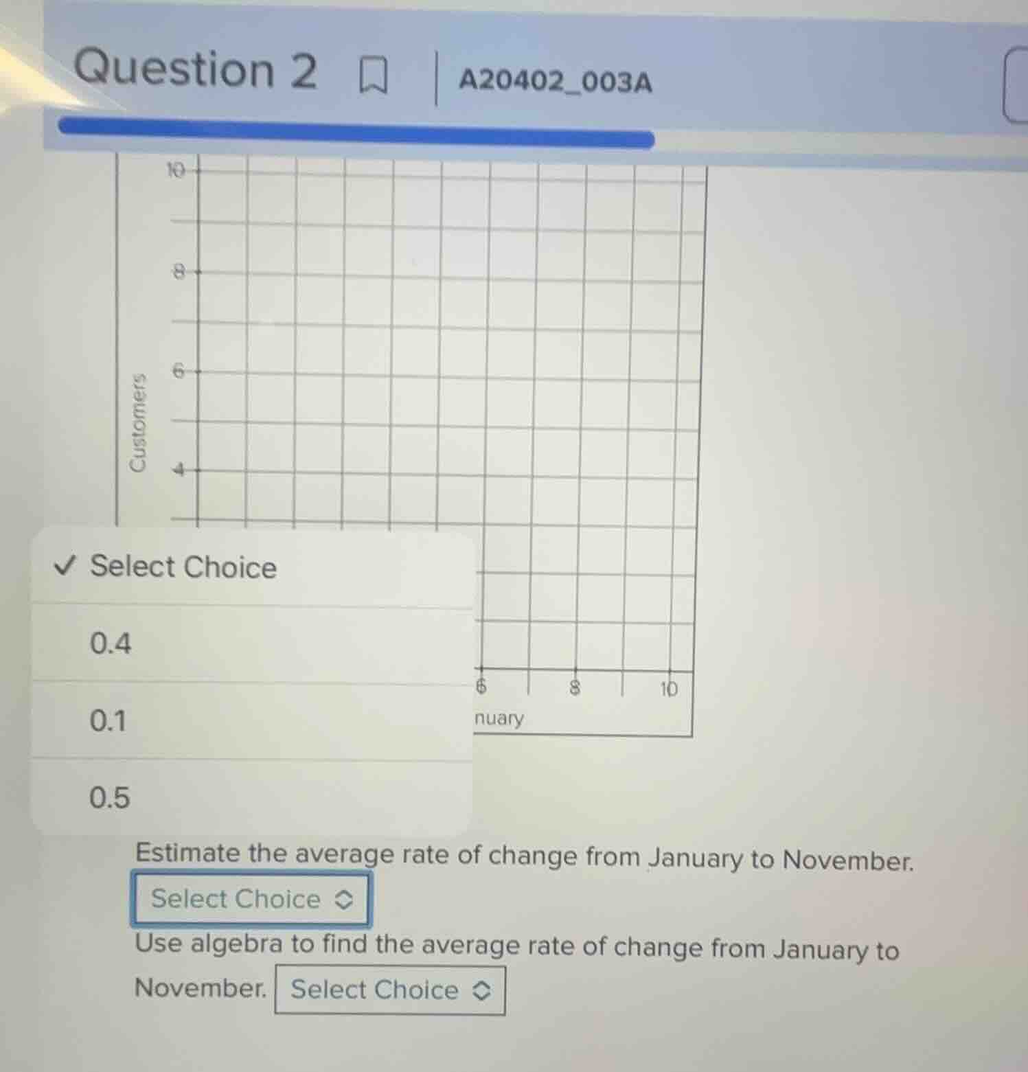 question 2 a20402_003a customers 6 4 √ select choice 0.4 0.1 0.5 estima…