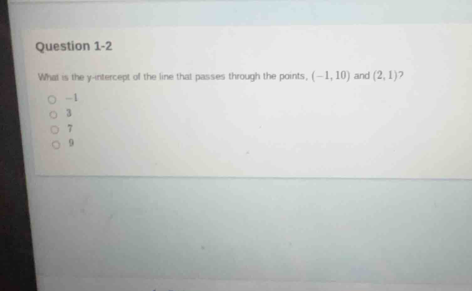 question 1-2 what is the y-intercept of the line that passes through th…