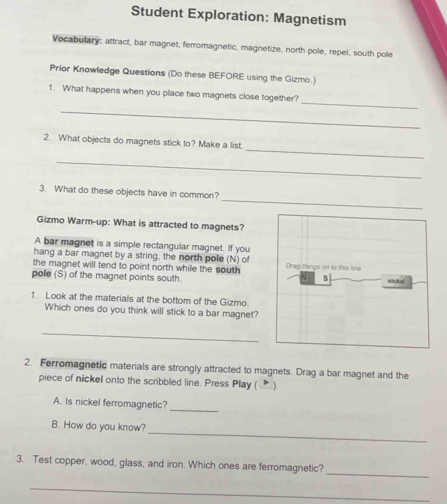 student exploration: magnetism vocabulary: attract, bar magnet, ferroma…