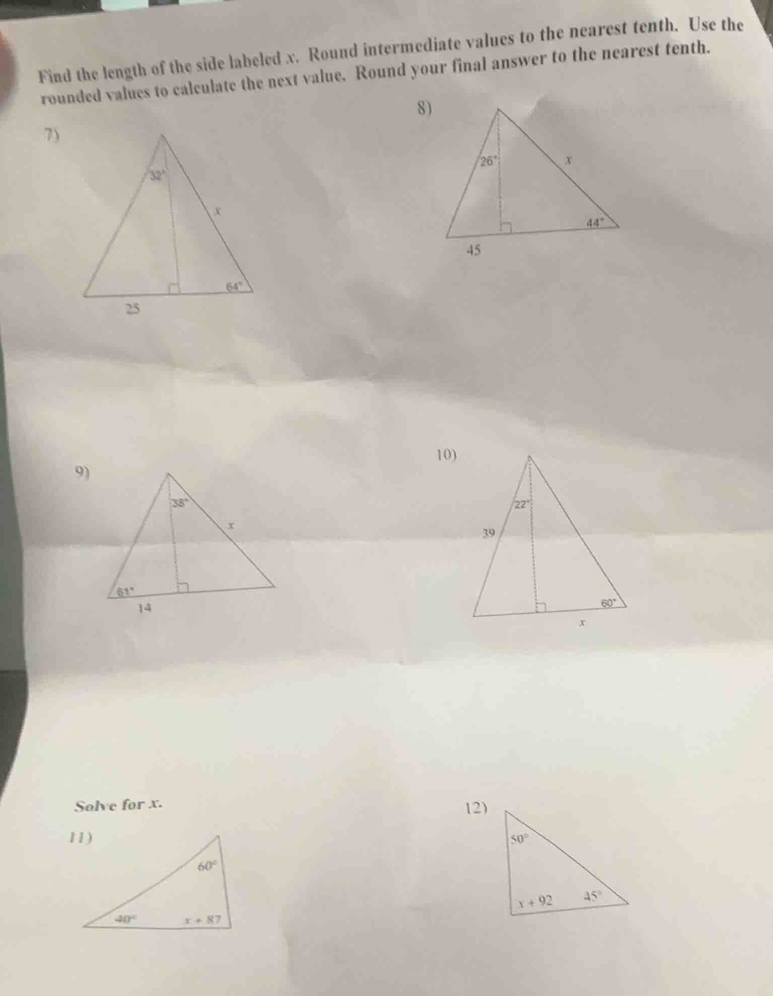find the length of the side labeled x. round intermediate values to the…
