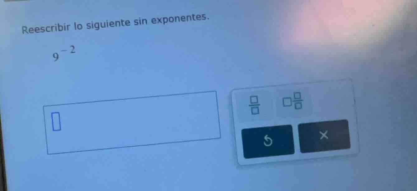 reescribir lo siguiente sin exponentes. $9^{-2}$
