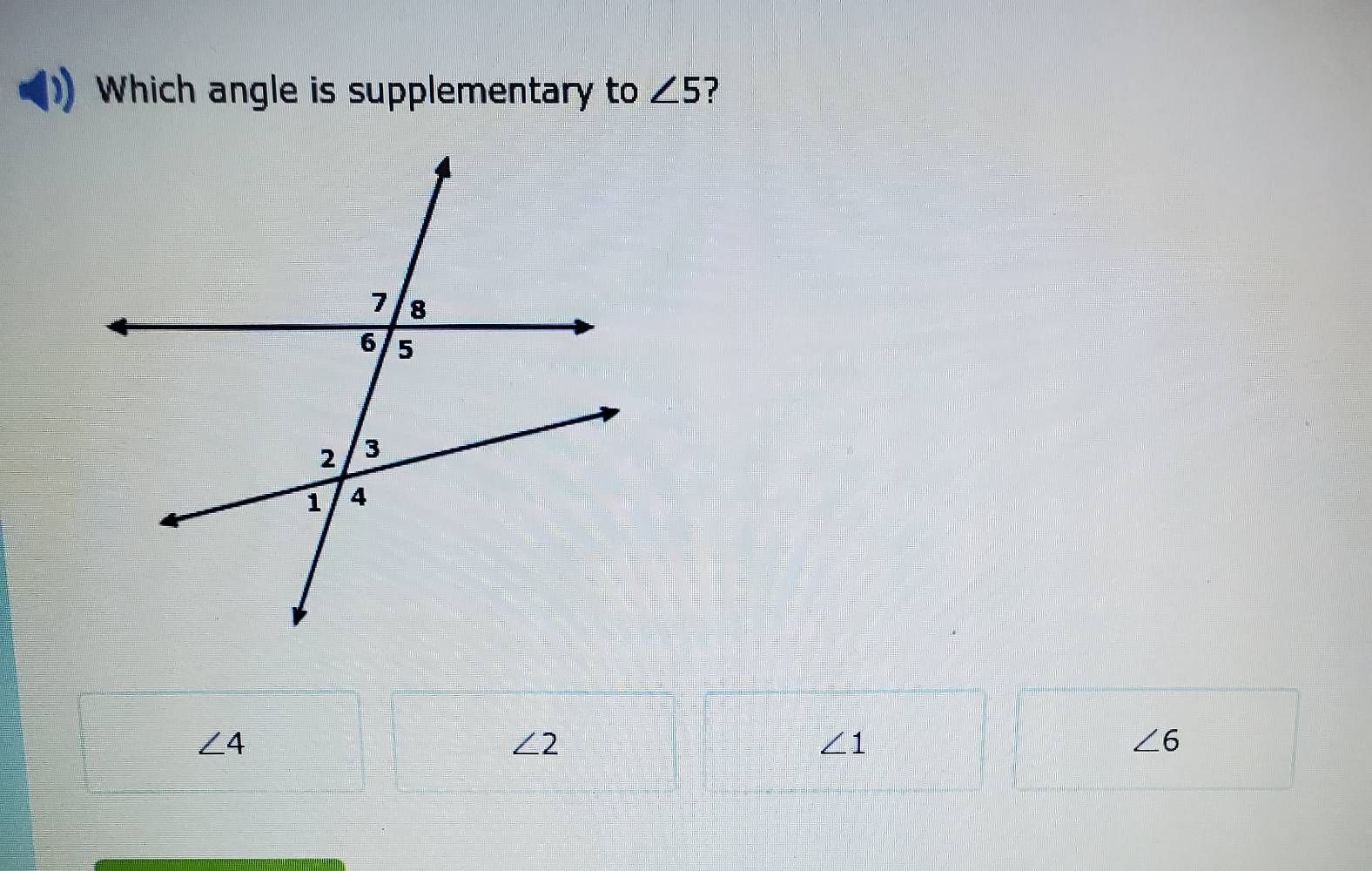 which angle is supplementary to $\\angle 5$? image of intersecting line…