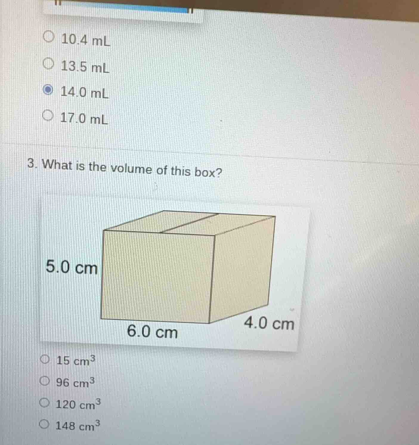 3. what is the volume of this box? image of a rectangular box with dime…