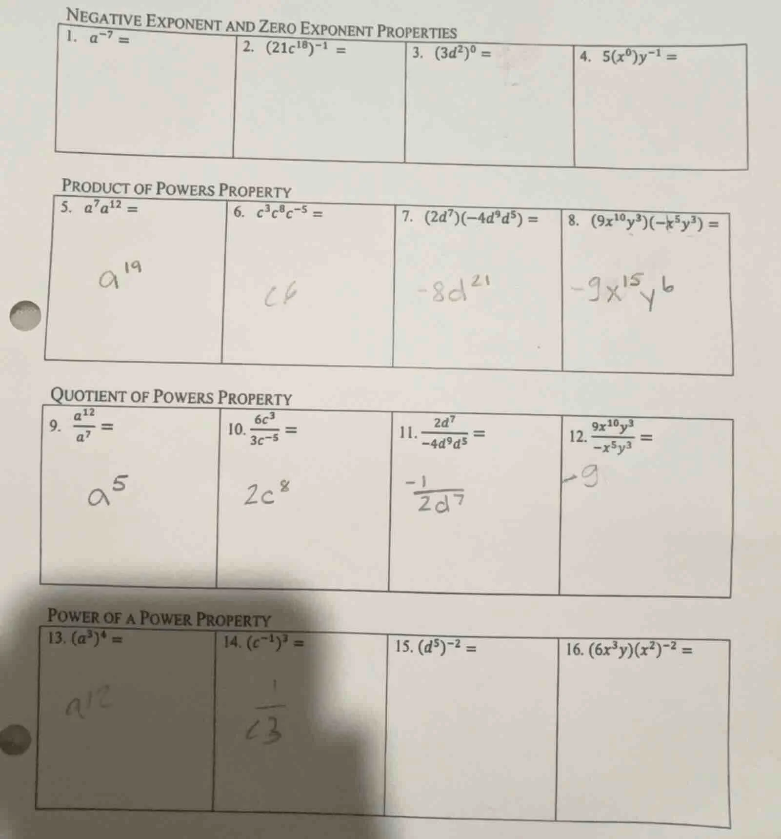 negative exponent and zero exponent properties 1. $a^{-7} = $ 2. $(21c^…
