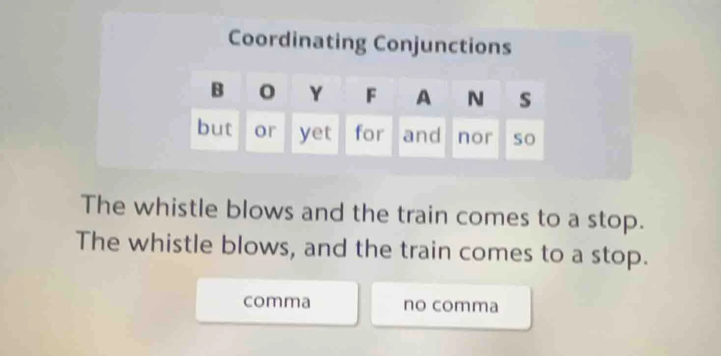 coordinating conjunctions b o y f a n s but or yet for and nor so the w…