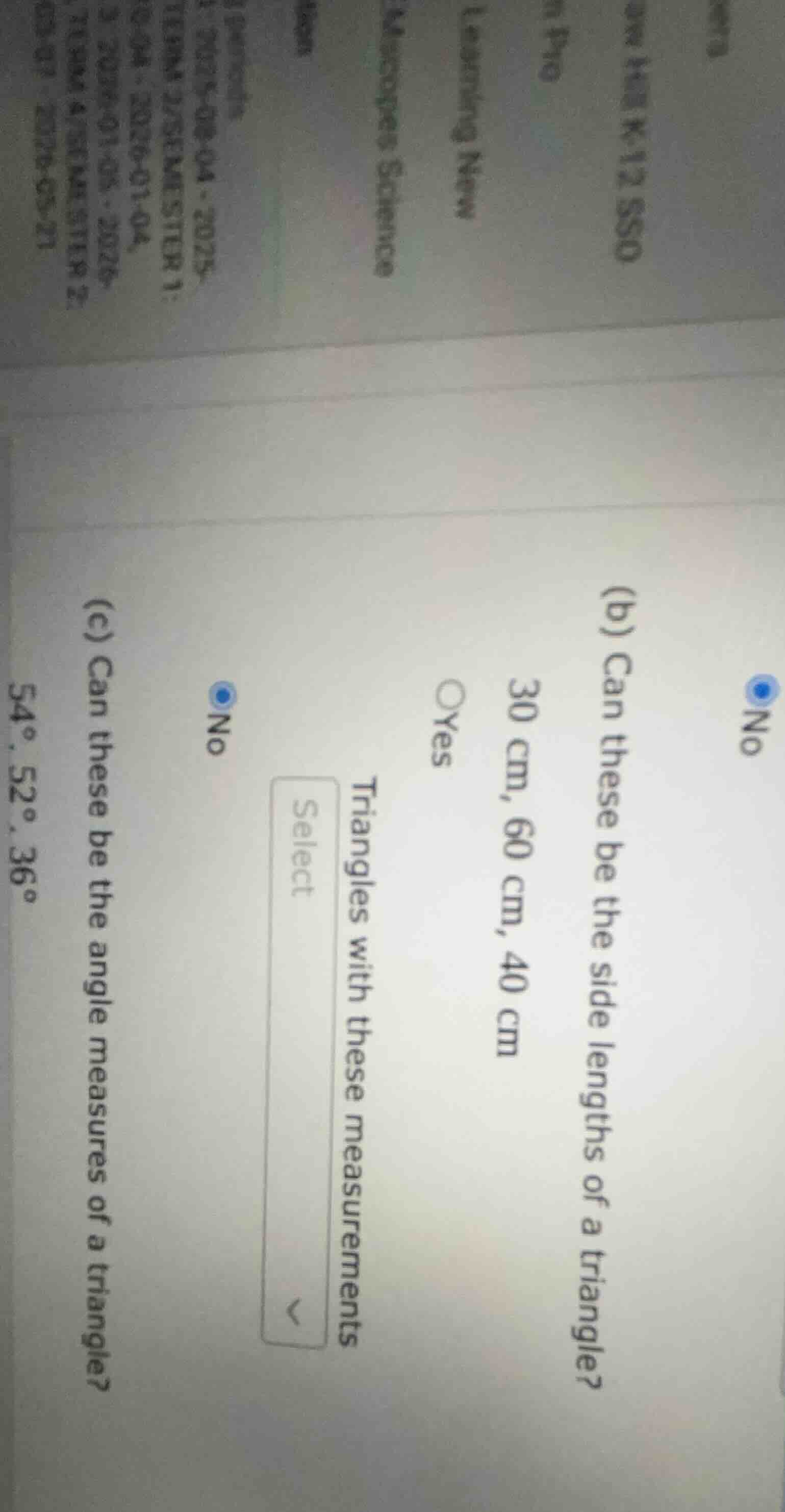 (b) can these be the side lengths of a triangle? 30 cm, 60 cm, 40 cm ye…