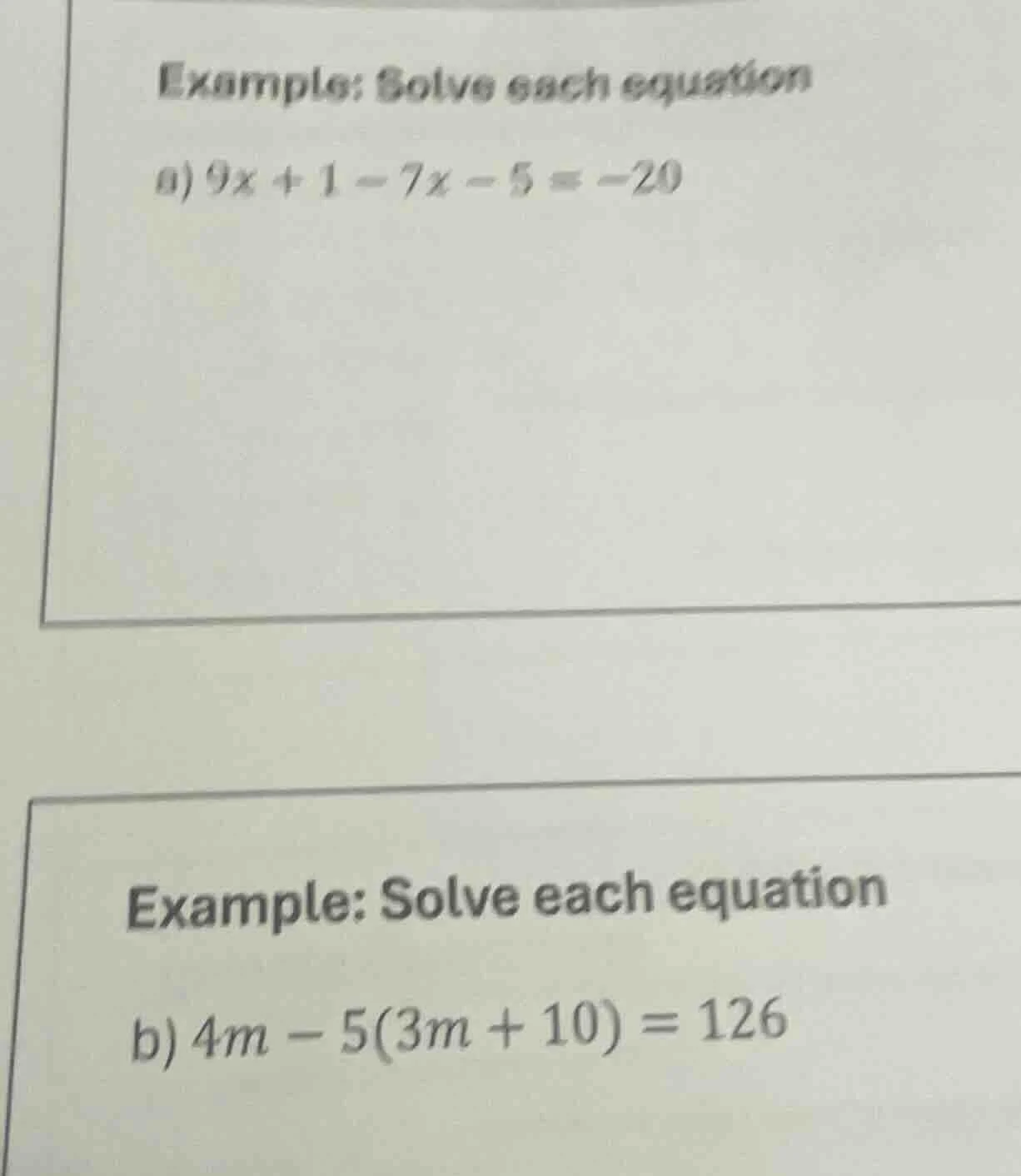 example: solve each equation a) $9x + 1 - 7x - 5 = -20$ example: solve …