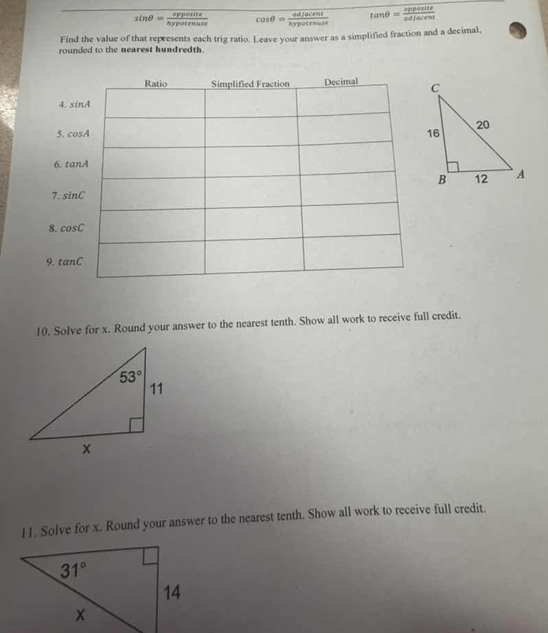 $$sin\theta = \frac{\text{opposite}}{\text{hypotenuse}}$$ $$cos\theta =…